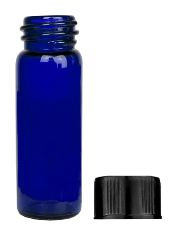 Vial design 1 dram Blue glass vial with black short cap.