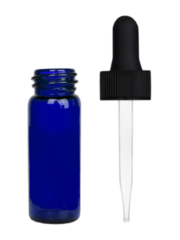 Vial design 1 dram Blue glass vial with black dropper.