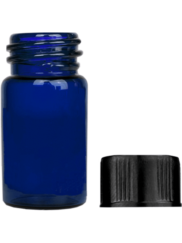 Vial design 5/8 dram Blue glass vial with black short cap.