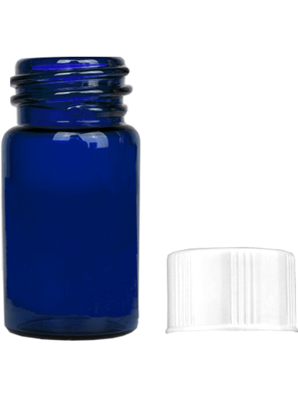 Vial design 5/8 dram Blue glass vial with white short cap.