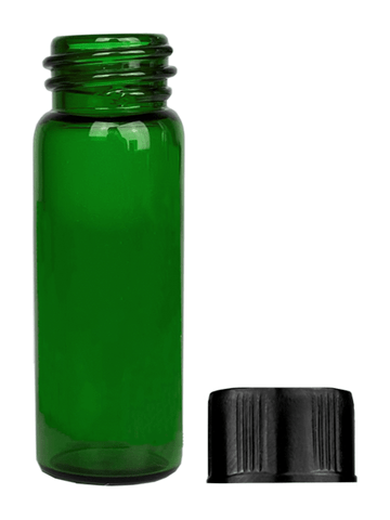 Vial design 1 dram Green glass vial with black short cap.