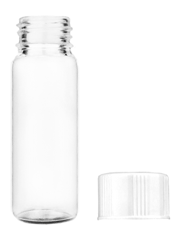 Vial design 1 dram Clear glass vial with white short cap.