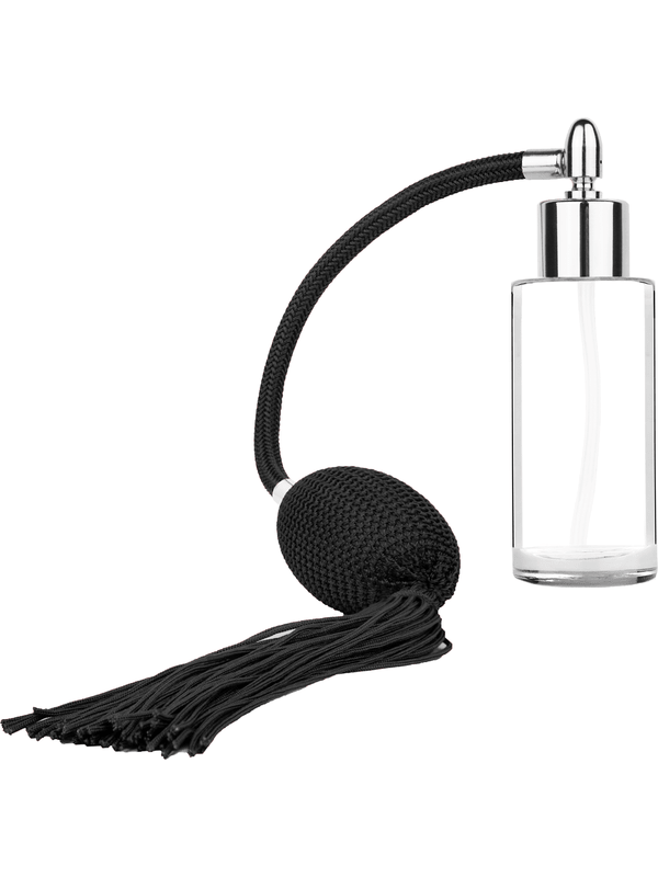 Cylinder design 25 ml  clear glass bottle  with black vintage style bulb sprayer tassel with shiny silver collar cap.