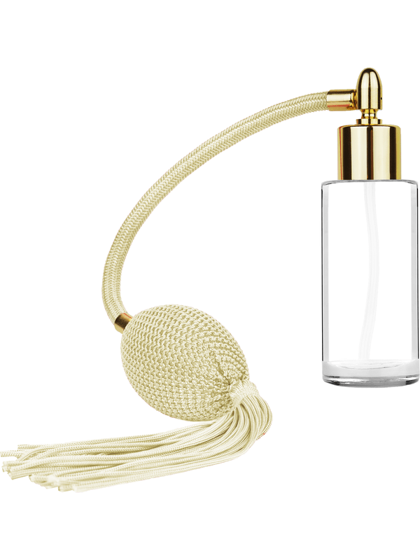 Cylinder design 25 ml  clear glass bottle  with ivory vintage style bulb sprayer tassel with shiny gold collar cap.