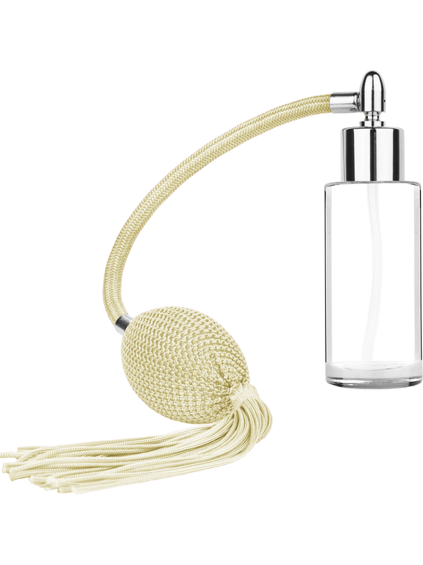Cylinder design 25 ml  clear glass bottle  with ivory vintage style bulb sprayer tassel with shiny silver collar cap.