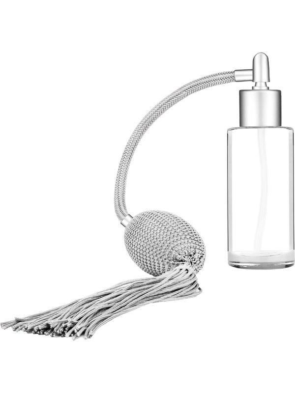 Cylinder design 25 ml  clear glass bottle  with matte silver vintage style bulb sprayer tassel with matte silver collar cap.