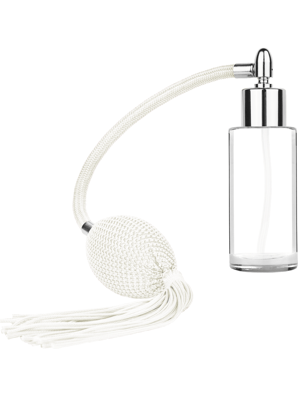Cylinder design 25 ml  clear glass bottle  with white vintage style bulb sprayer tassel with shiny silver collar cap.