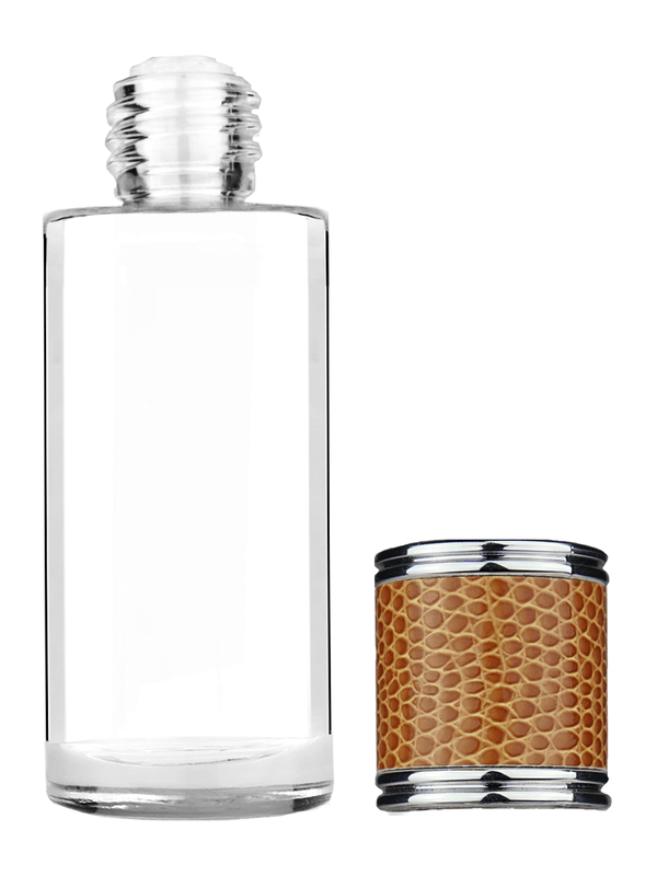 Cylinder design 25 ml  clear glass bottle with reducer and brown faux leather cap.