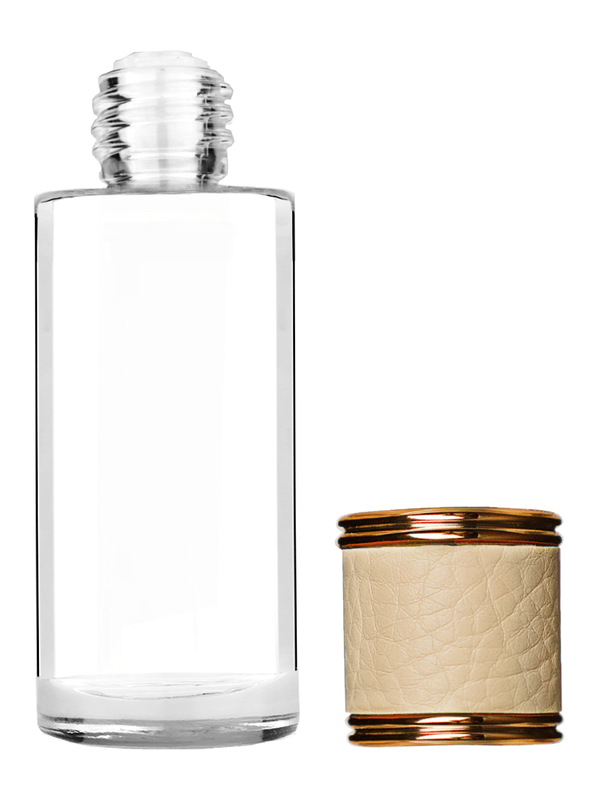 Cylinder design 25 ml  clear glass bottle  with reducer and ivory faux leather cap.