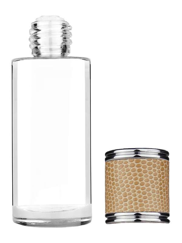 Cylinder design 25 ml  clear glass bottle  with reducer and light brown faux leather cap.
