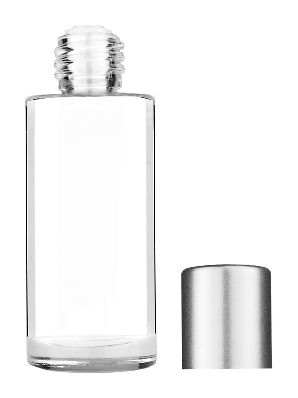 Cylinder design 25 ml clear glass bottle  with reducer and tall silver matte cap.