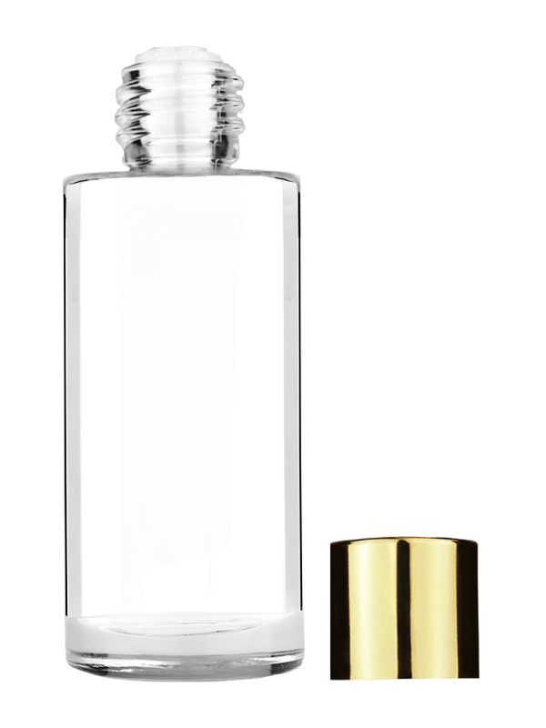 Cylinder design 25 ml clear glass bottle  with reducer and shiny gold cap.