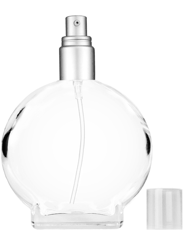 Circle design 100 ml, 3 1/2oz  clear glass bottle  with with a matte silver collar treatment pump and clear overcap.
