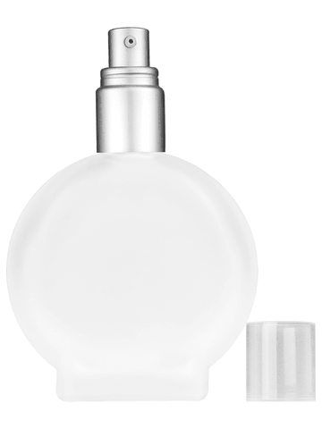 Circle design 100 ml, 3 1/2oz frosted glass bottle with with a matte silver collar treatment pump and clear overcap.