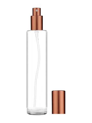 Cylinder design 100 ml, 3 1/2oz  clear glass bottle  with matte copper lotion pump.