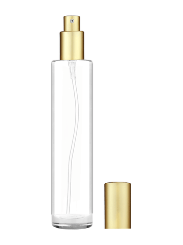 Cylinder design 100 ml, 3 1/2oz  clear glass bottle  with matte gold lotion pump.