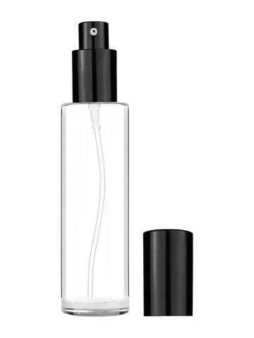 Cylinder design 50 ml, 1.7oz  clear glass bottle  with shiny black lotion pump.
