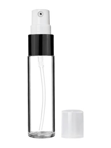 Cylinder design 9ml,1/3 oz clear glass bottle with treatment pump with black trim and plastic overcap.