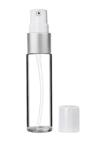Cylinder design 9ml,1/3 oz clear glass bottle with treatment pump with matte silver trim plastic overcap.