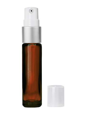 Cylinder design 9ml,1/3 oz amber glass bottle with treatment pump with matte silver trim plastic overcap.