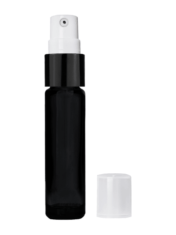 Cylinder design 9ml,1/3 oz black glass bottle with treatment pump with black trim and plastic overcap.