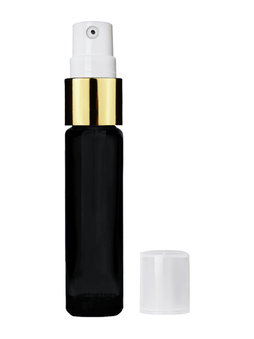 Cylinder design 9ml,1/3 oz black glass bottle with treatment pump with gold trim and plastic overcap.