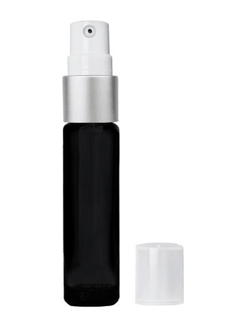 Cylinder design 9ml,1/3 oz black glass bottle with treatment pump with matte silver trim plastic overcap.