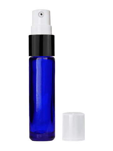 Cylinder design 9ml,1/3 oz Cobalt blue glass bottle with treatment pump with black trim and plastic overcap.