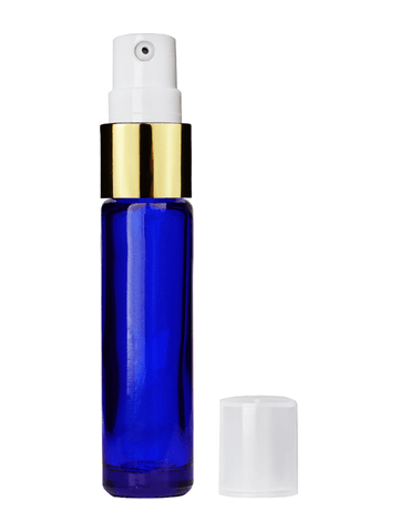 Cylinder design 9ml,1/3 oz Cobalt blue glass bottle with treatment pump with gold trim and plastic overcap.