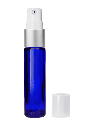 Cylinder design 9ml,1/3 oz Cobalt blue glass bottle with treatment pump with matte silver trim plastic overcap.