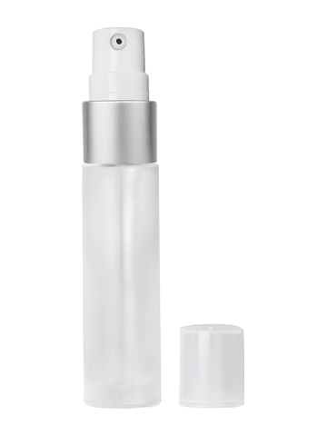 Cylinder design 9ml,1/3 oz frosted glass bottle with treatment pump with matte silver trim plastic overcap.