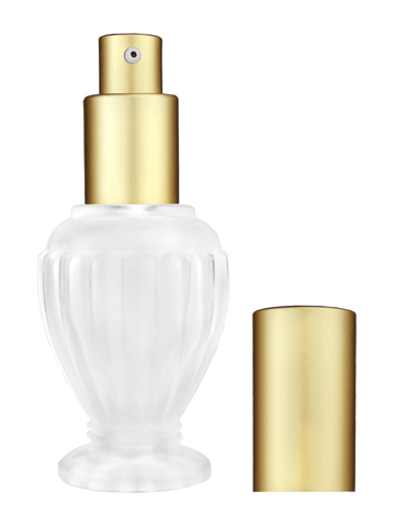 Diva design 30 ml, 1oz frosted glass bottle with matte gold lotion pump.