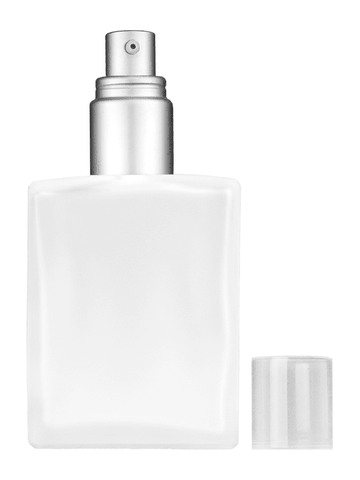 Elegant design 60 ml, 2oz frosted glass bottle with with a matte silver collar treatment pump and clear overcap.