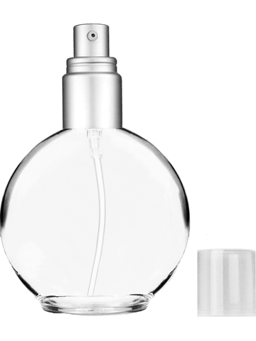 Round design 128 ml, 4.33oz  clear glass bottle  with with a matte silver collar treatment pump and clear overcap.