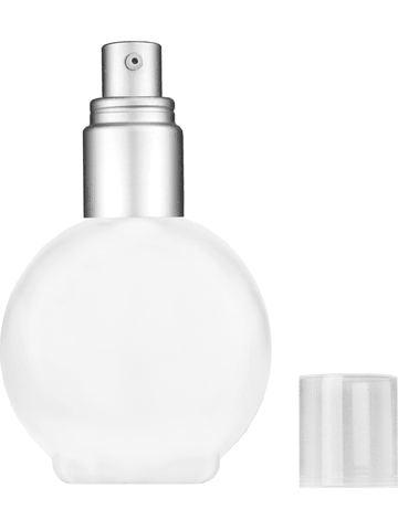 Round design 78 ml, 2.65oz frosted glass bottle with with a matte silver collar treatment pump and clear overcap.