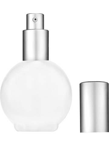 Round design 78 ml, 2.65oz frosted glass bottle with matte silver lotion pump.