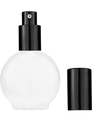 Round design 78 ml, 2.65oz frosted glass bottle with shiny black lotion pump.