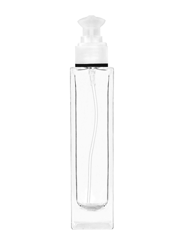 Sleek design 100 ml, 3 1/2oz  clear glass bottle  with white rectangular with clear over the cap.