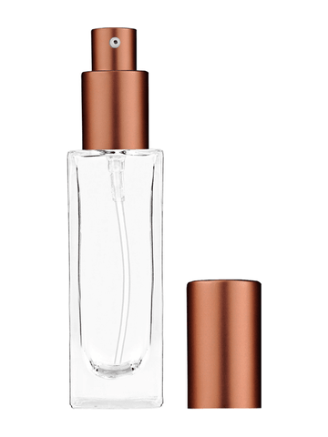 Sleek design 30 ml, 1oz  clear glass bottle  with matte copper lotion pump.