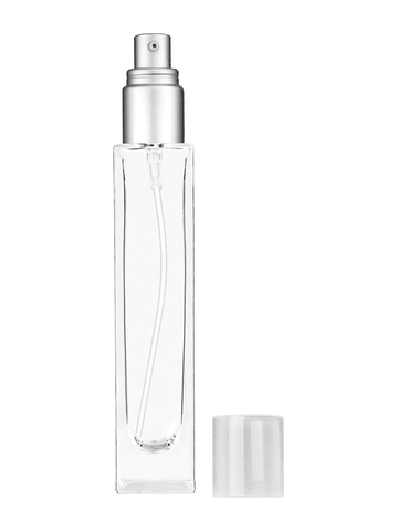 Sleek design 50 ml, 1.7oz  clear glass bottle  with with a matte silver collar treatment pump and clear overcap.
