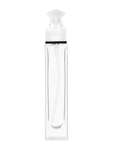 Sleek design 50 ml, 1.7oz  clear glass bottle  with white rectangular with clear over the cap.