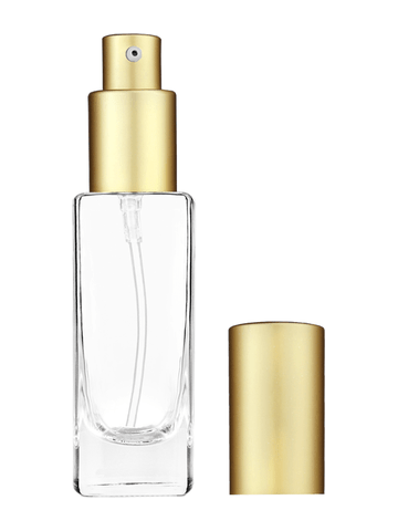 Slim design 30 ml, 1oz  clear glass bottle  with matte gold lotion pump.