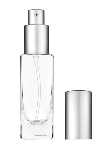 Slim design 30 ml, 1oz  clear glass bottle  with matte silver lotion pump.