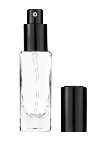 Slim design 30 ml, 1oz  clear glass bottle  with shiny black lotion pump.
