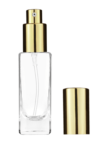 Slim design 30 ml, 1oz  clear glass bottle  with shiny gold lotion pump.