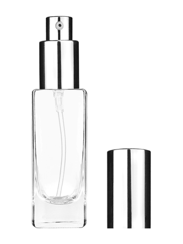 Slim design 30 ml, 1oz  clear glass bottle  with shiny silver lotion pump.