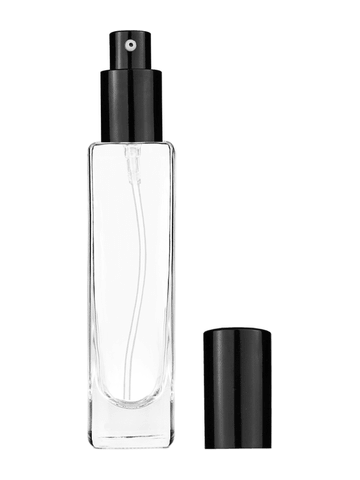 Slim design 50 ml, 1.7oz  clear glass bottle  with shiny black lotion pump.