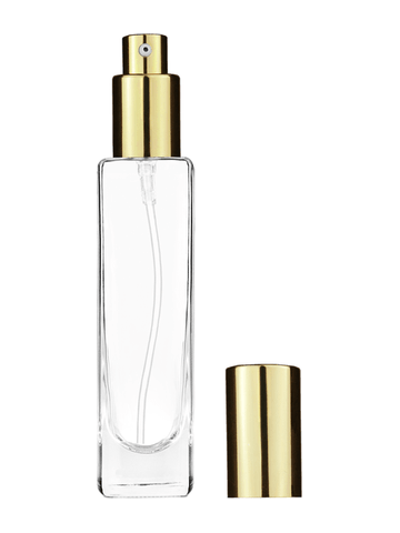 Slim design 50 ml, 1.7oz  clear glass bottle  with shiny gold lotion pump.