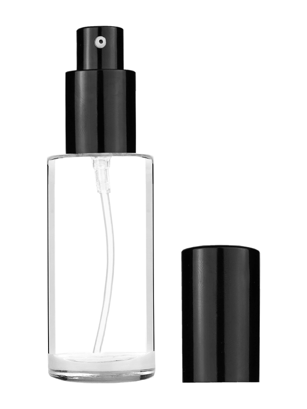 Cylinder design 25ml  clear glass bottle  with shiny black lotion pump.