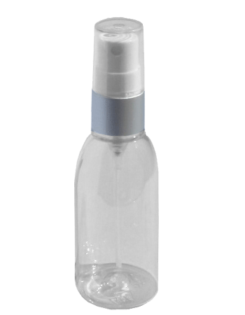 Plastic Bottle with Silver Spray Top and Clear Cap. Capacity: 1oz (30ml).